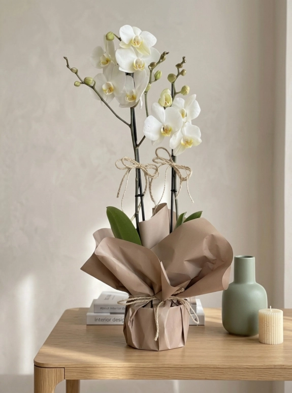 İki Dallı Beyaz Phalaenopsis Orkide Kraft Kağıt Aranjmanı